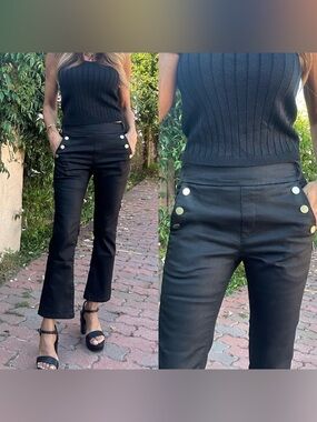Bevy Flog Sofia Cropped Flare in Black Stripe Gold Buttons- Still Full Price